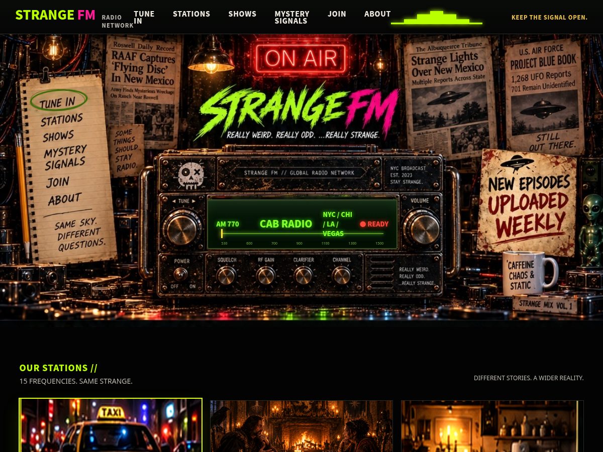 Landing-page snapshot of strangefm.com