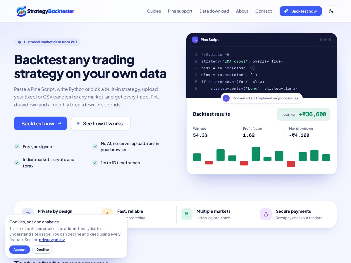 Landing-page snapshot of strategybacktester.com