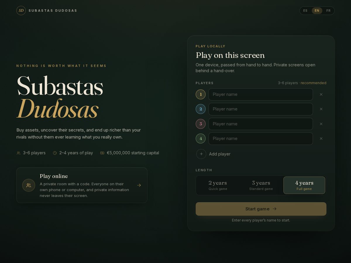 Landing-page snapshot of subastasdudosas.com