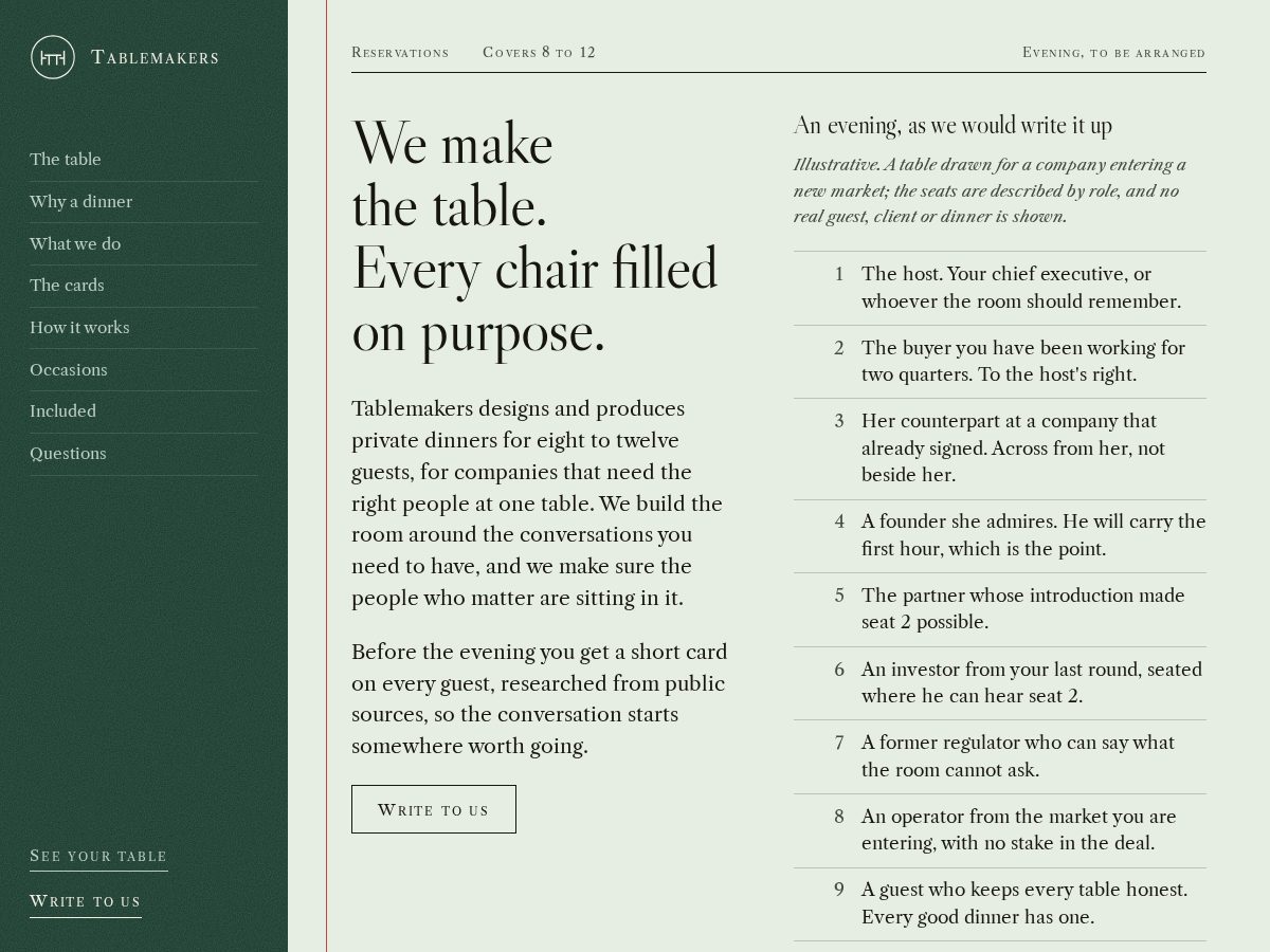 Landing-page snapshot of tablemakersdinners.com