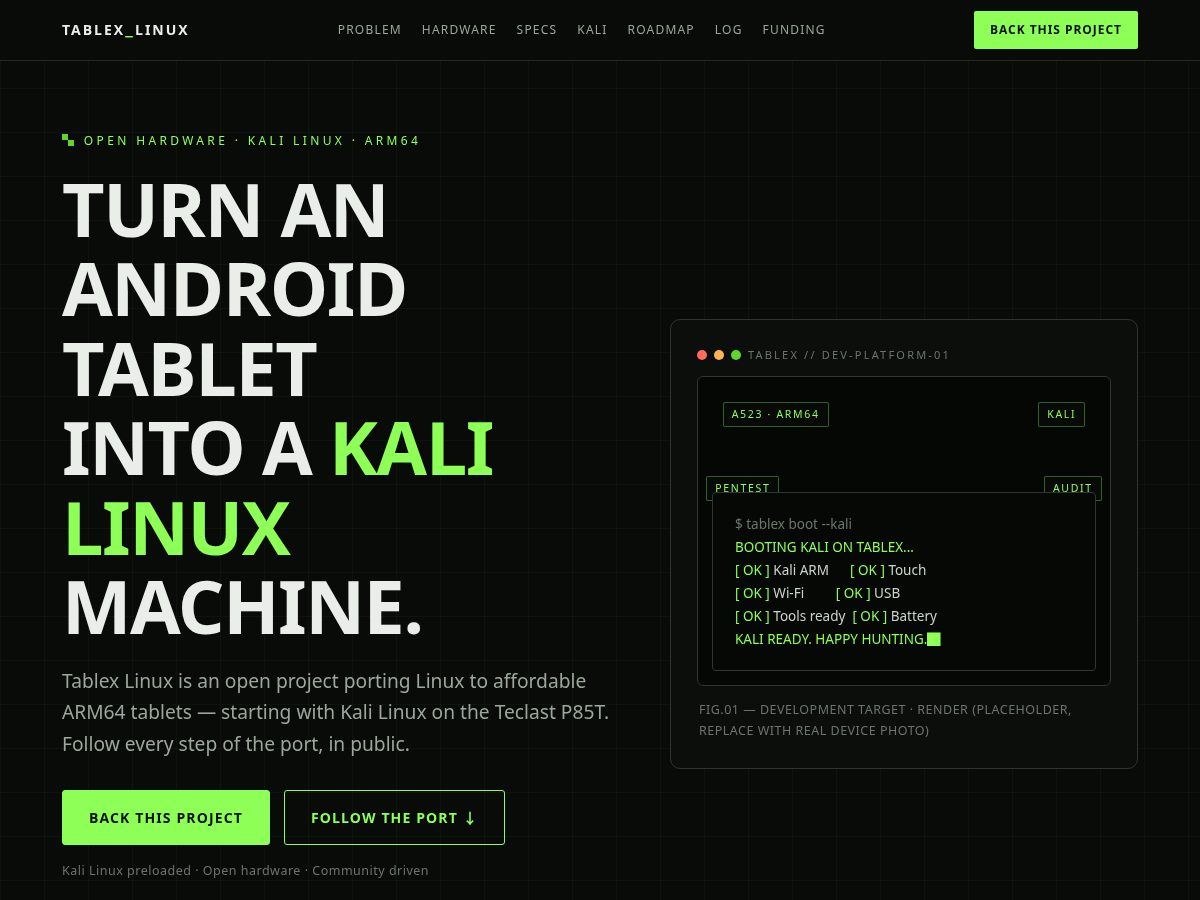 Landing-page snapshot of tablexlinux.com