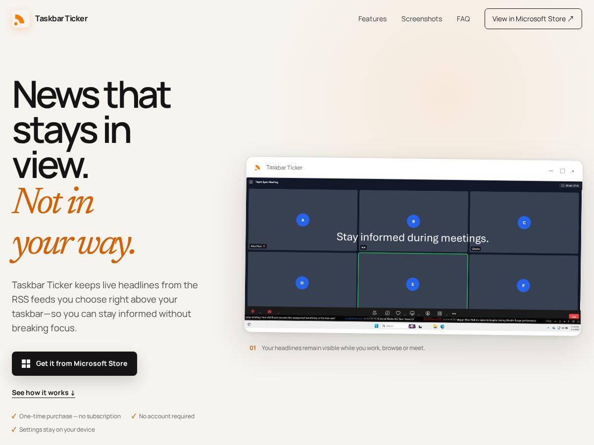 Landing-page snapshot of taskbarticker.com