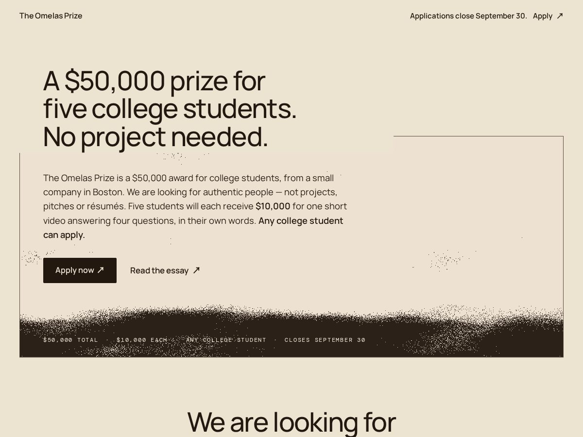 Landing-page snapshot of theomelasprize.com