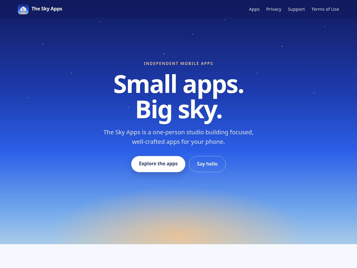 Landing-page snapshot of theskyapps.com