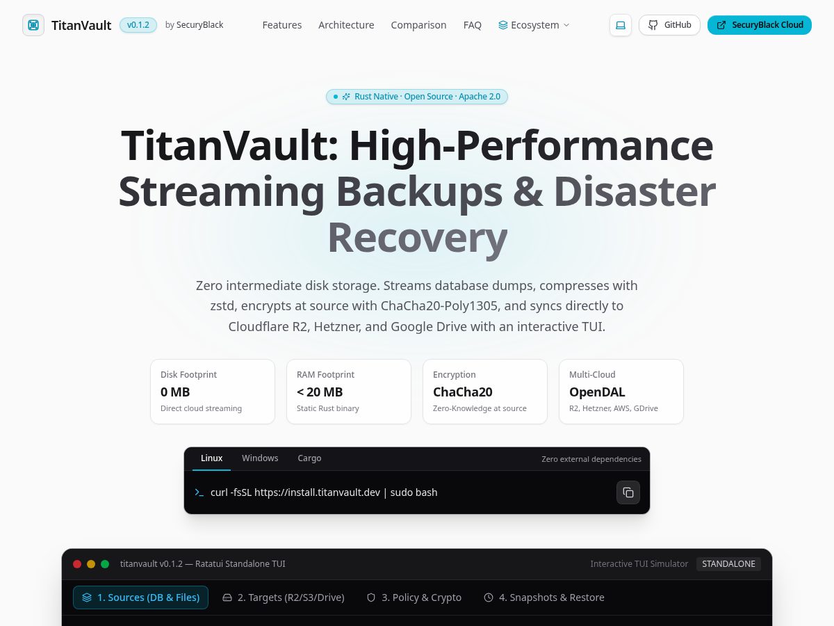 Landing-page snapshot of titanvault.dev