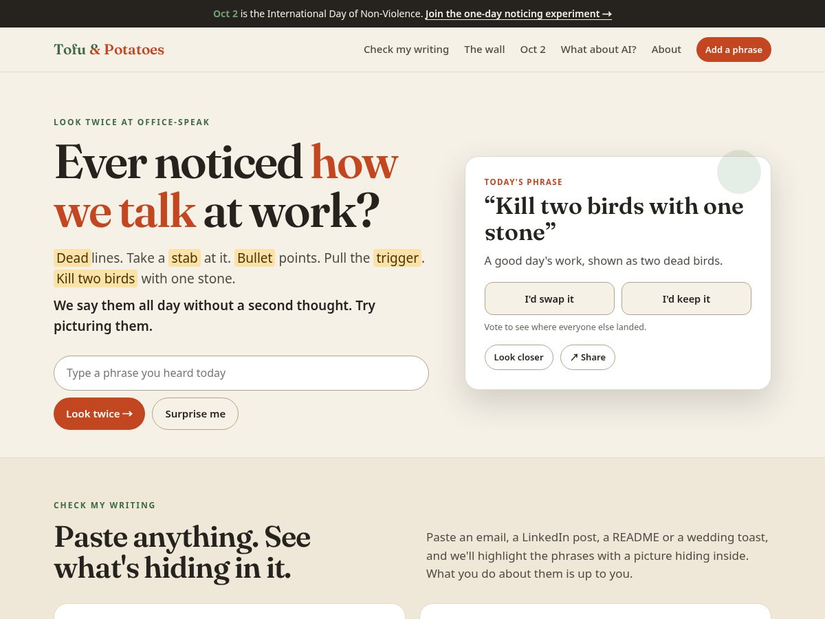 Landing-page snapshot of tofuandpotatoes.com