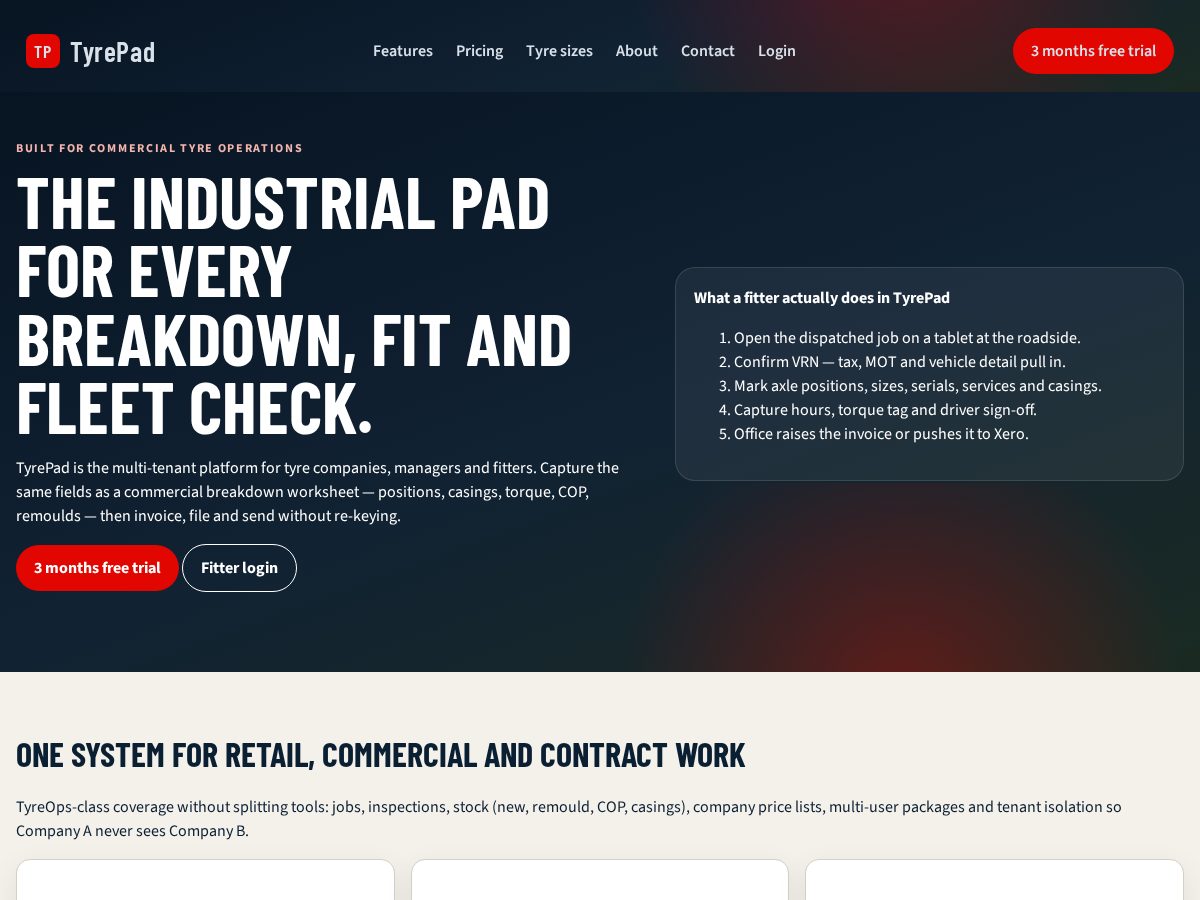 Landing-page snapshot of tyrepad.net