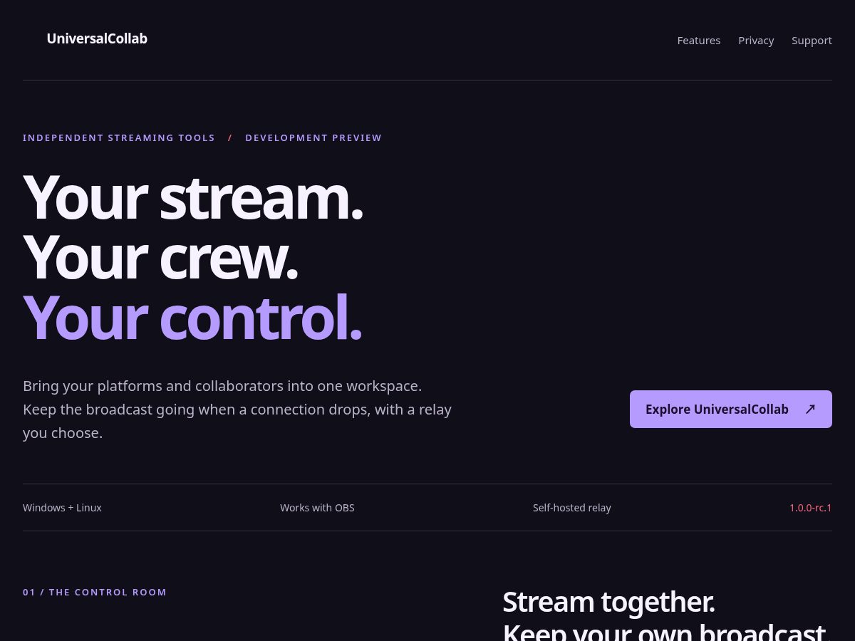Landing-page snapshot of universalcollab.stream