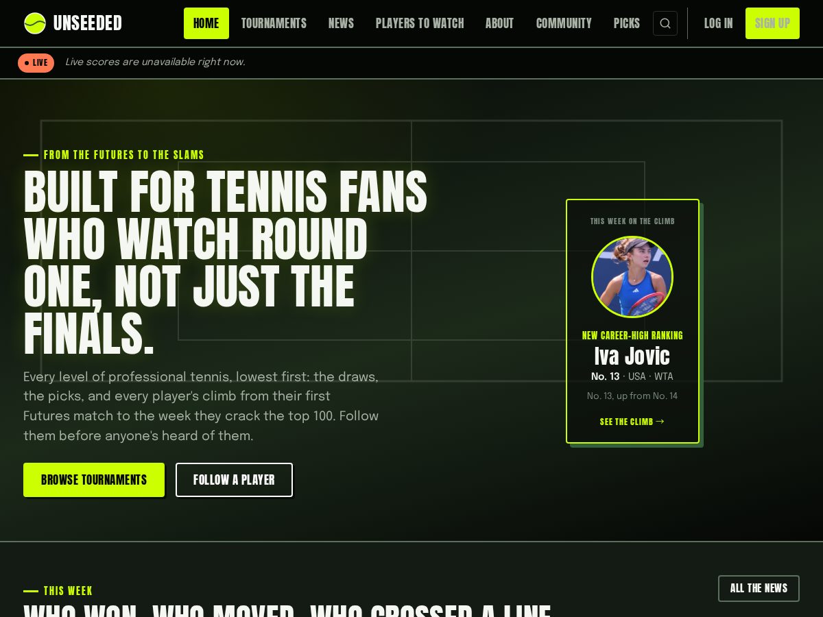 Landing-page snapshot of unseededtennis.com
