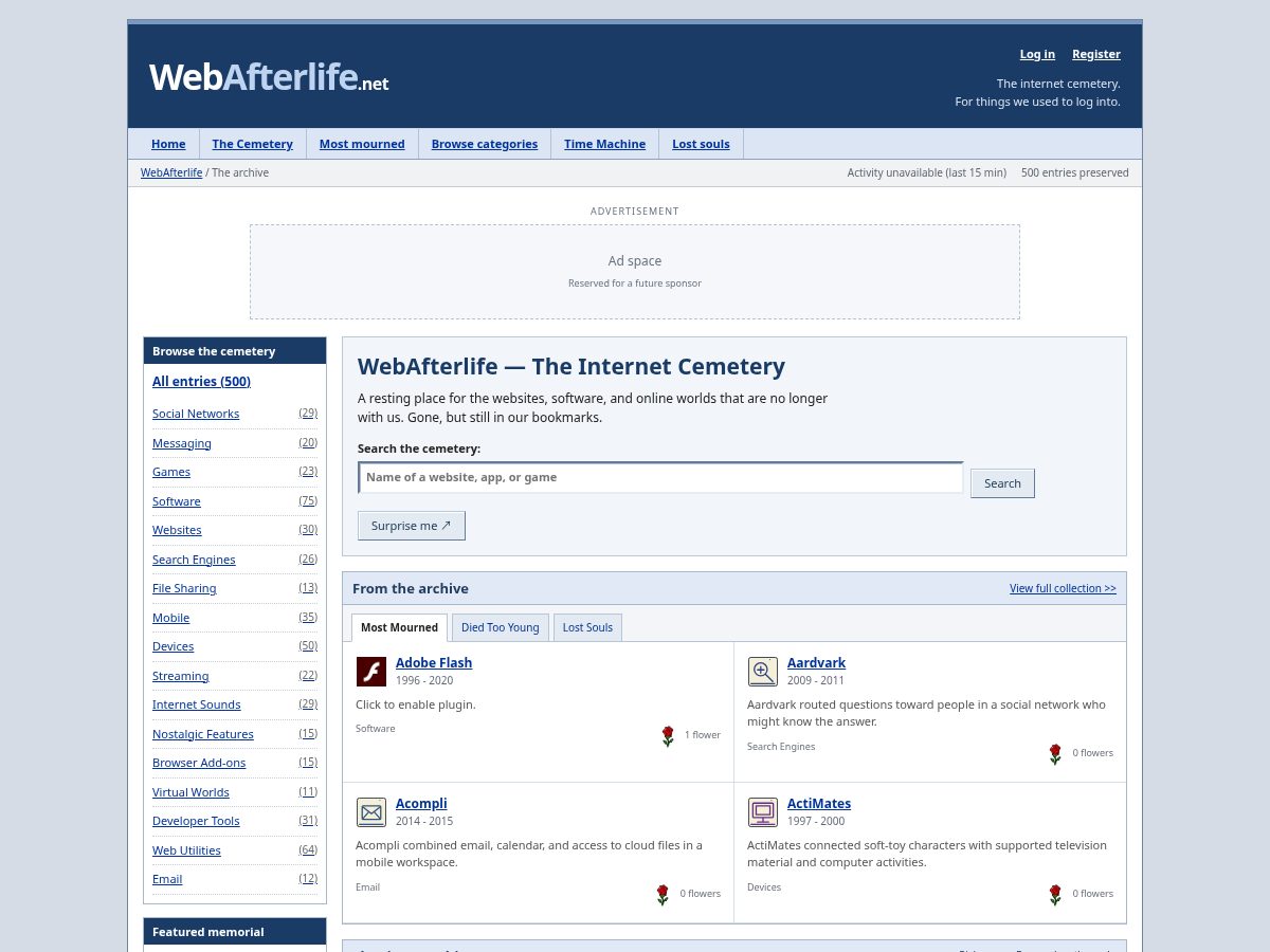 Landing-page snapshot of webafterlife.net