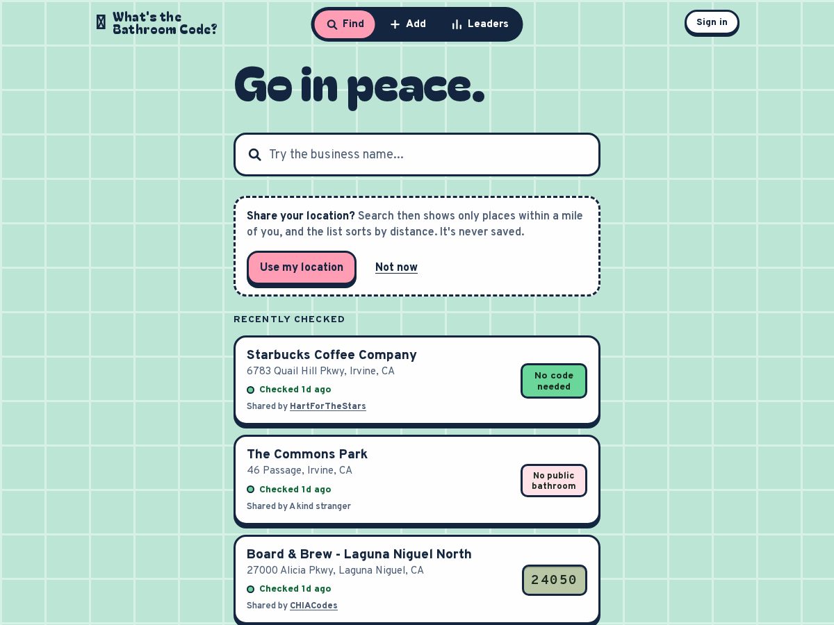 Landing-page snapshot of whatsthebathroomcode.com