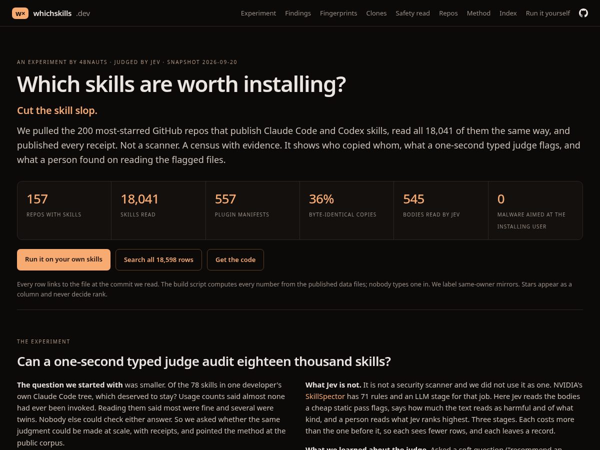 Landing-page snapshot of whichskills.dev