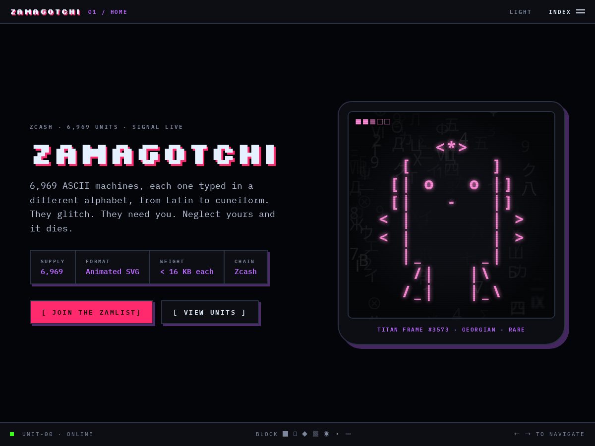 Landing-page snapshot of zamagotchi.xyz