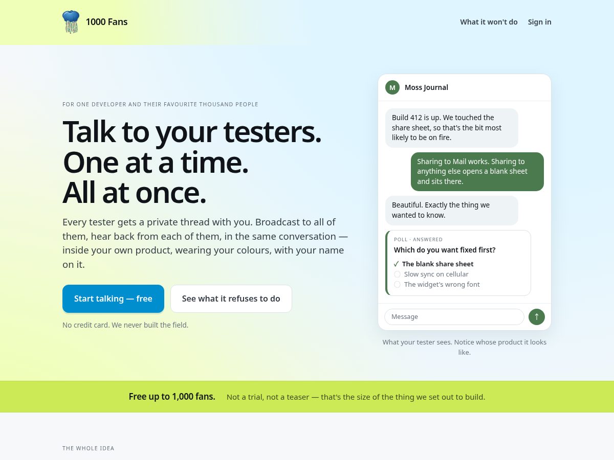 Landing-page snapshot of 1000fans.dev
