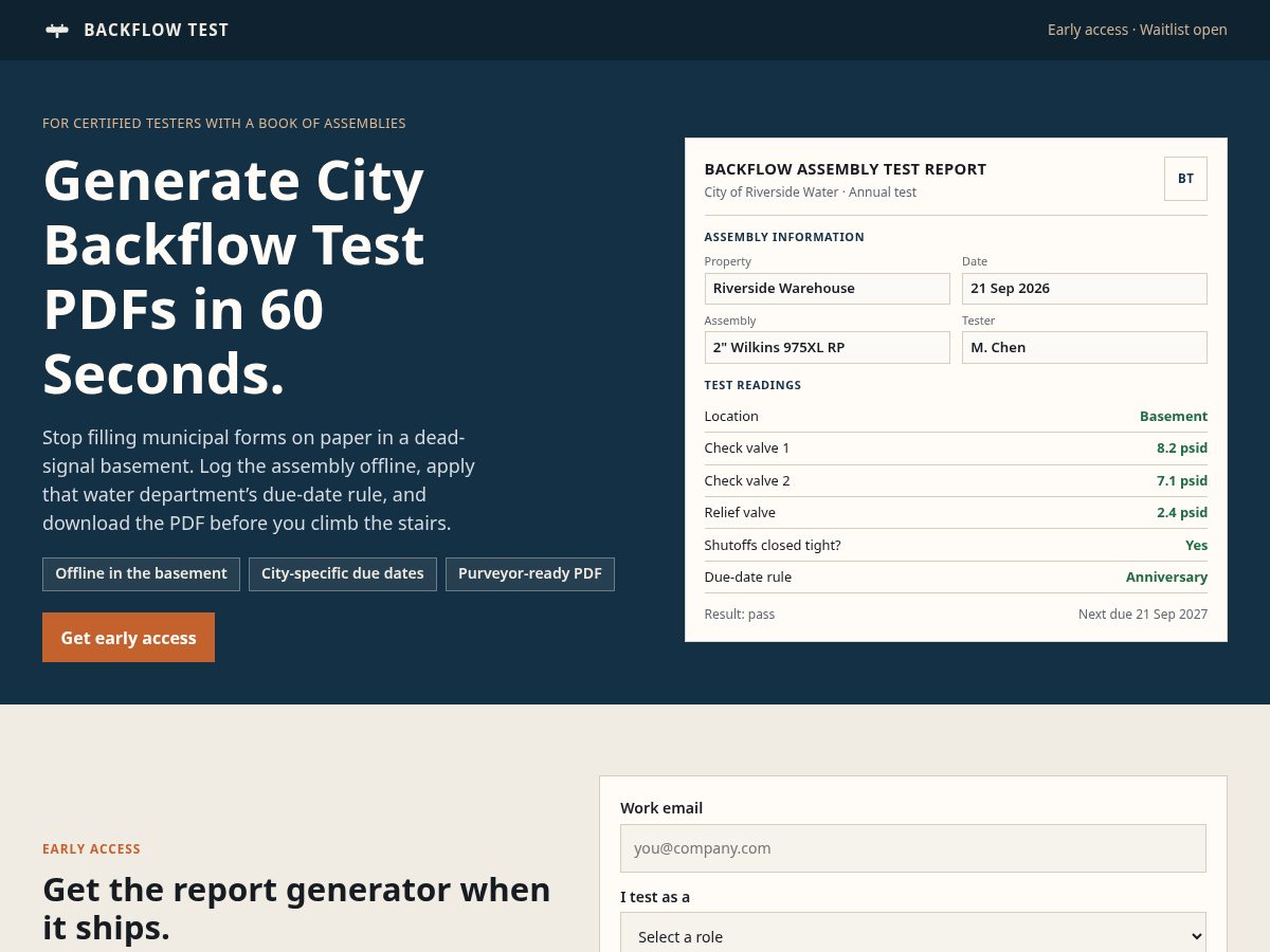 Landing-page snapshot of backflow-test.app