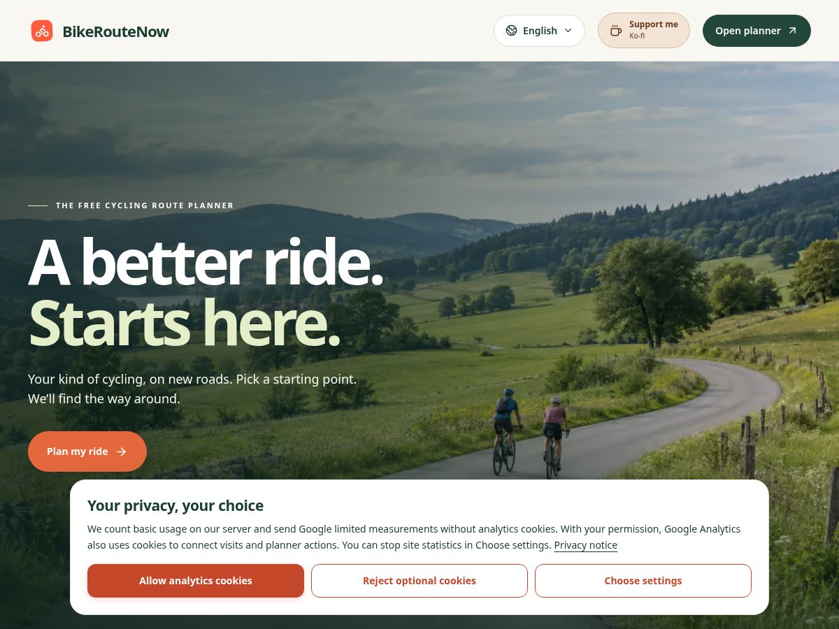 Landing-page snapshot of bikeroutenow.com