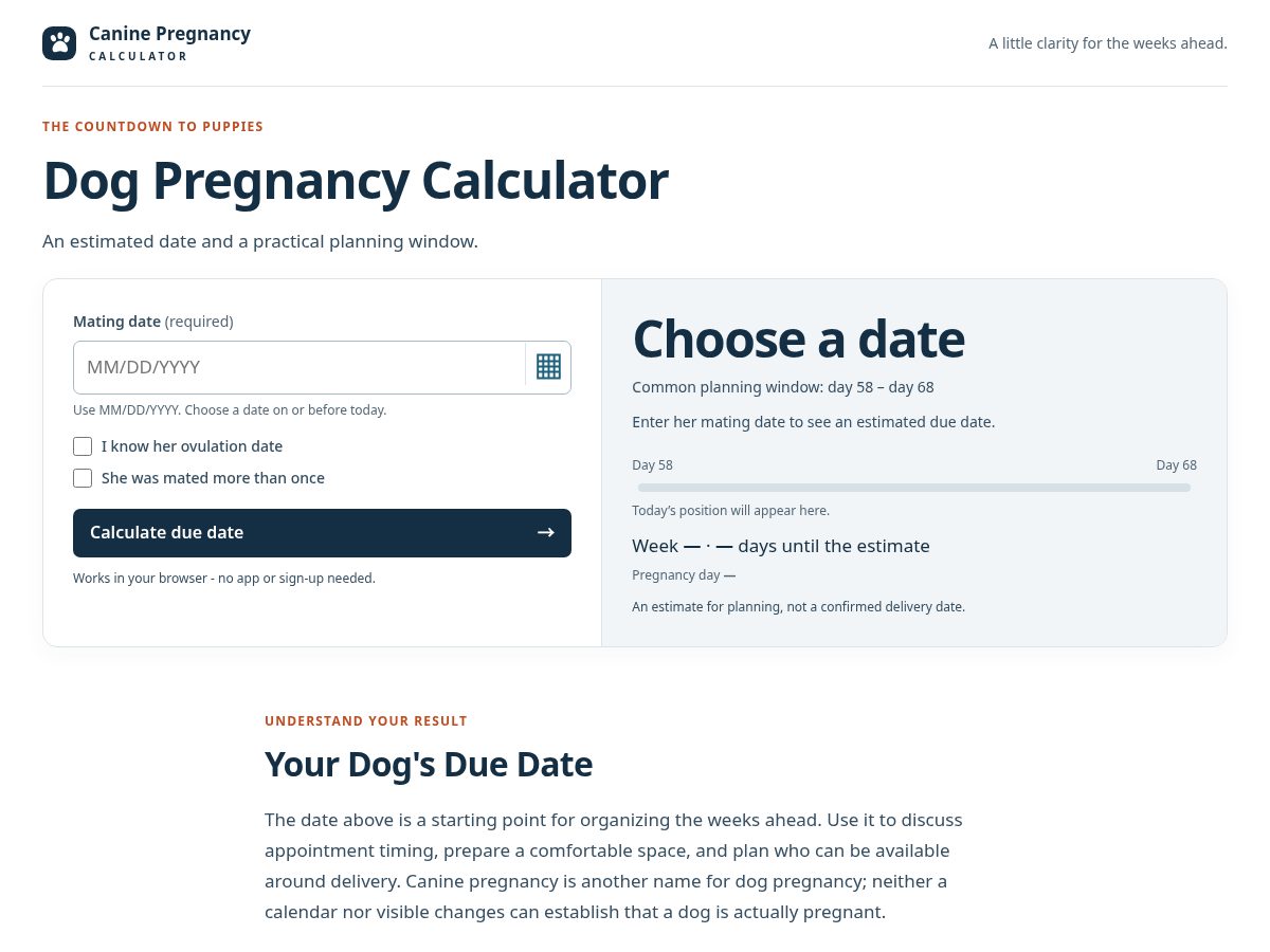 Landing-page snapshot of caninepregnancycalculator.com