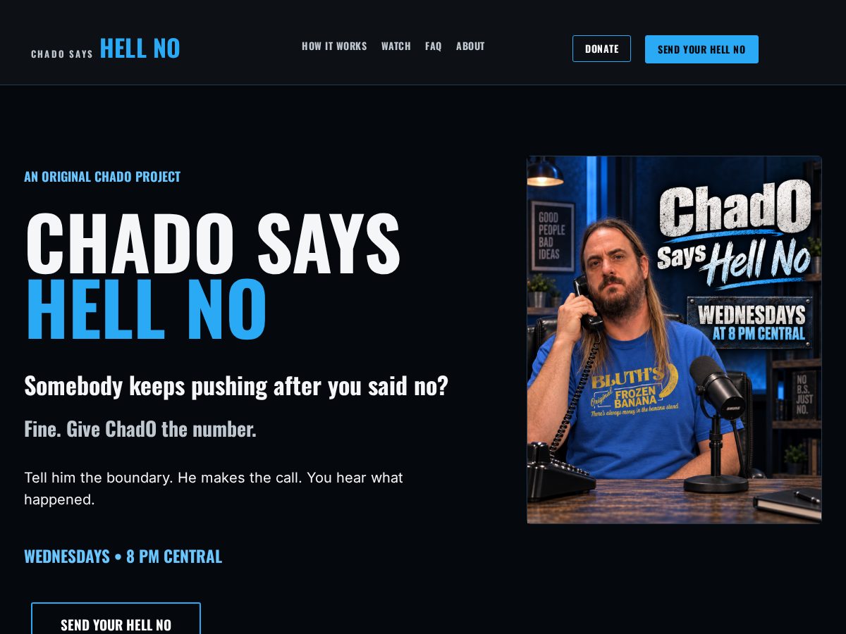Landing-page snapshot of chadosayshellno.com