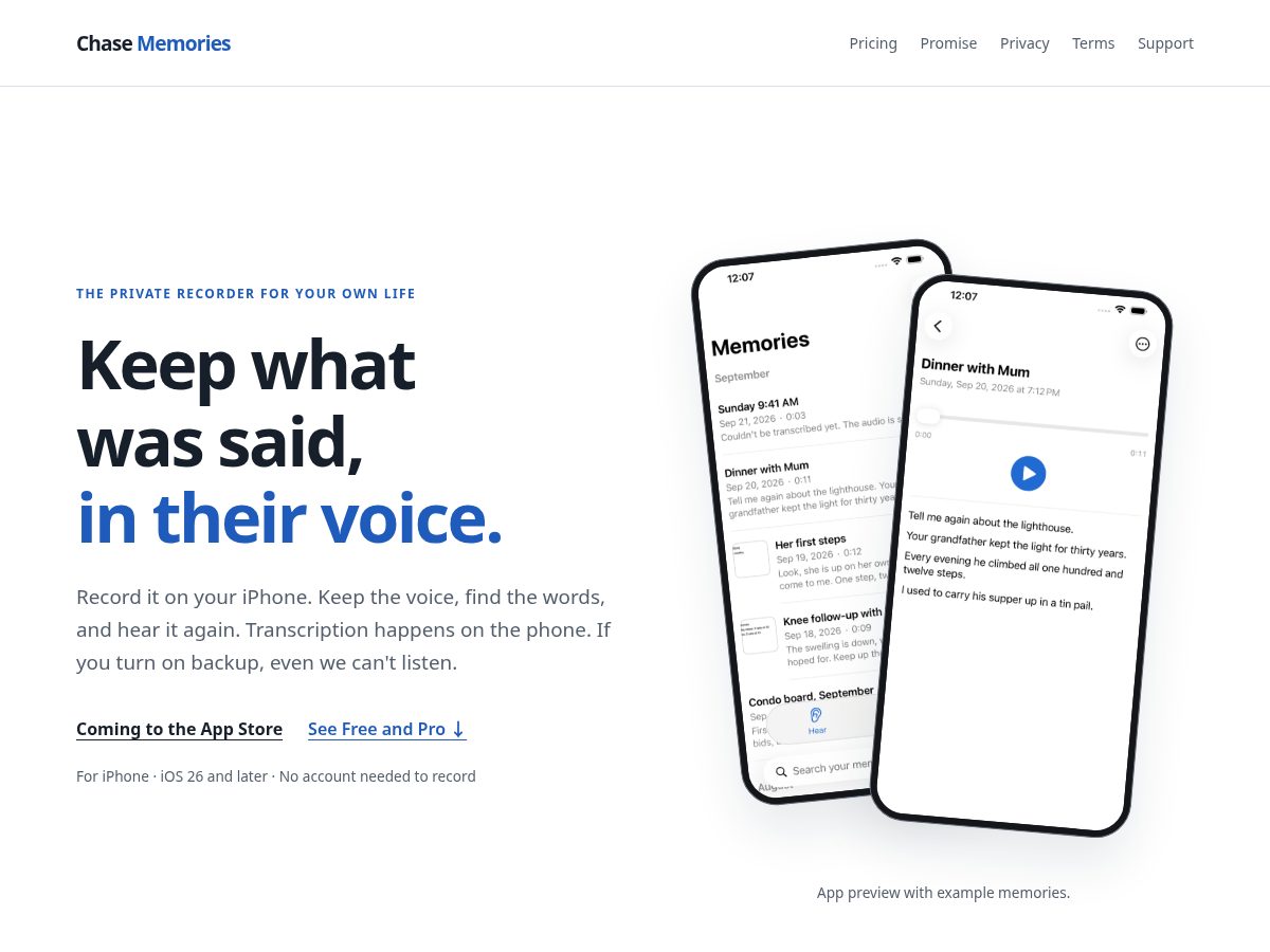 Landing-page snapshot of chasememories.app