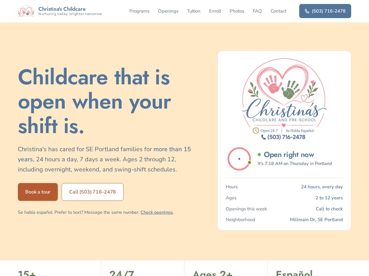 Landing-page snapshot of christinaschildcarepdx.com