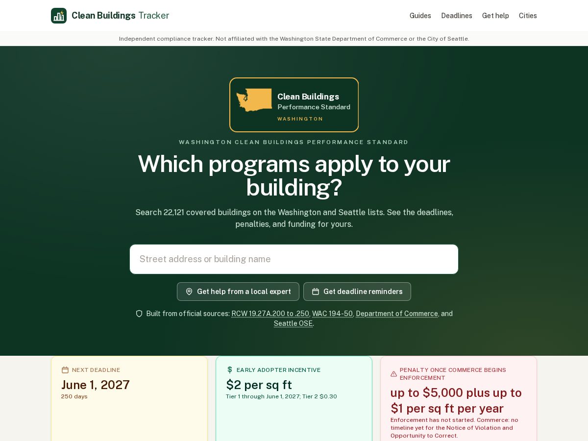 Landing-page snapshot of cleanbuildingstracker.com