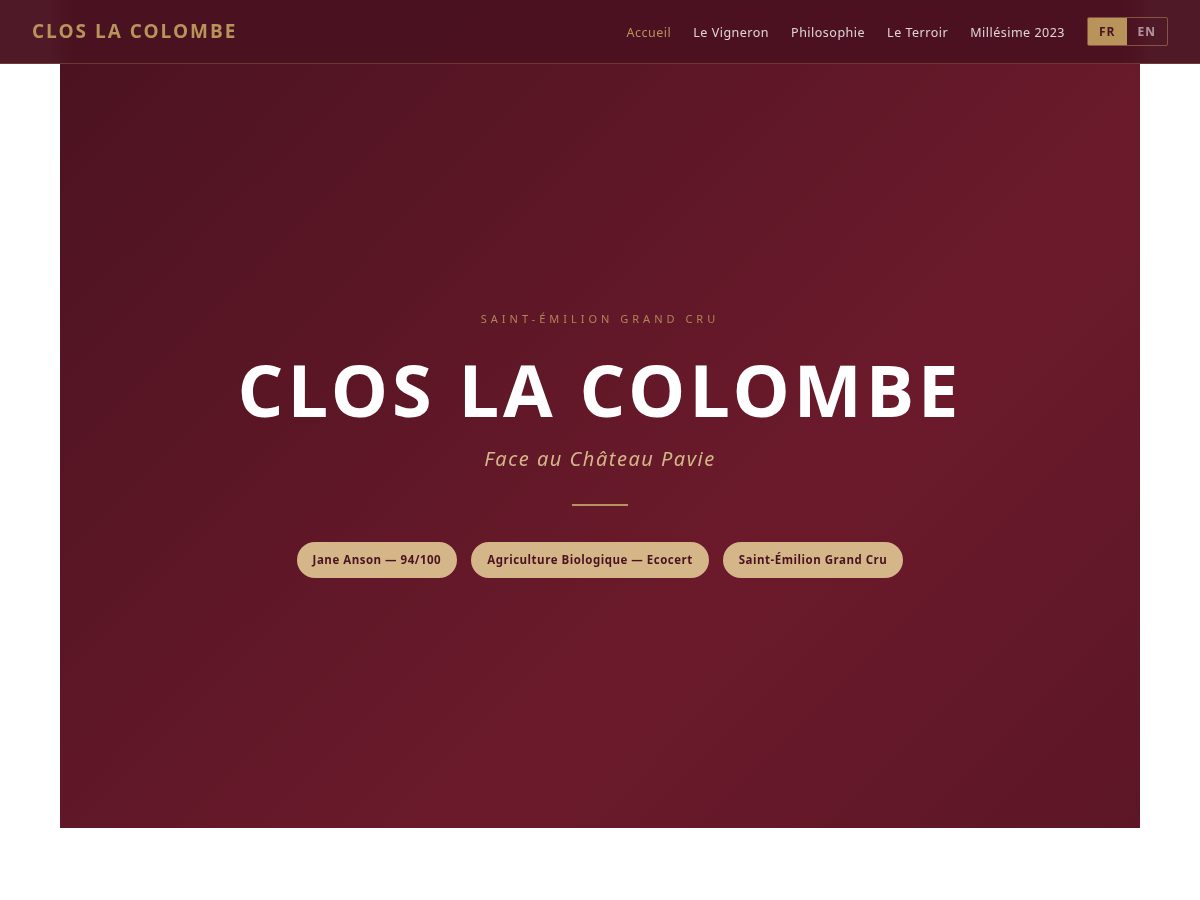 Landing-page snapshot of colombe.wine
