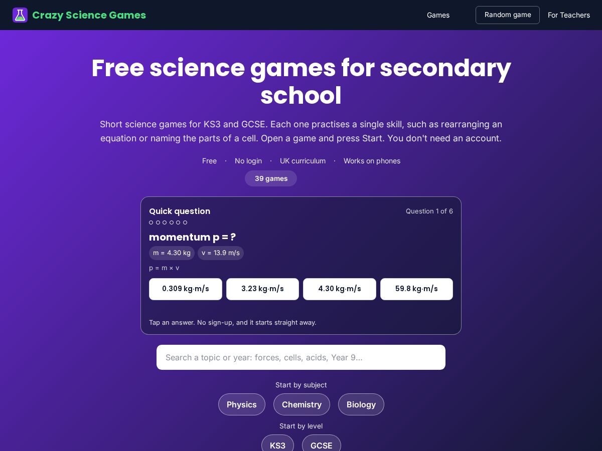 Landing-page snapshot of crazysciencegames.com