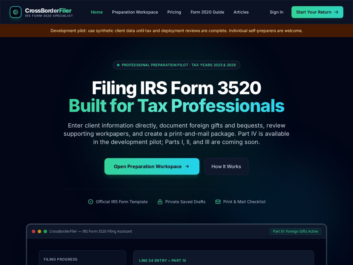 Landing-page snapshot of crossborderfiler.com