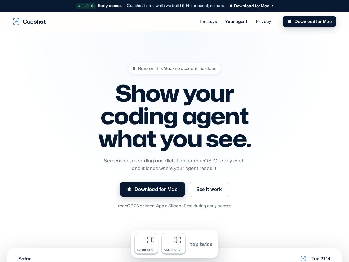 Landing-page snapshot of cueshot.app
