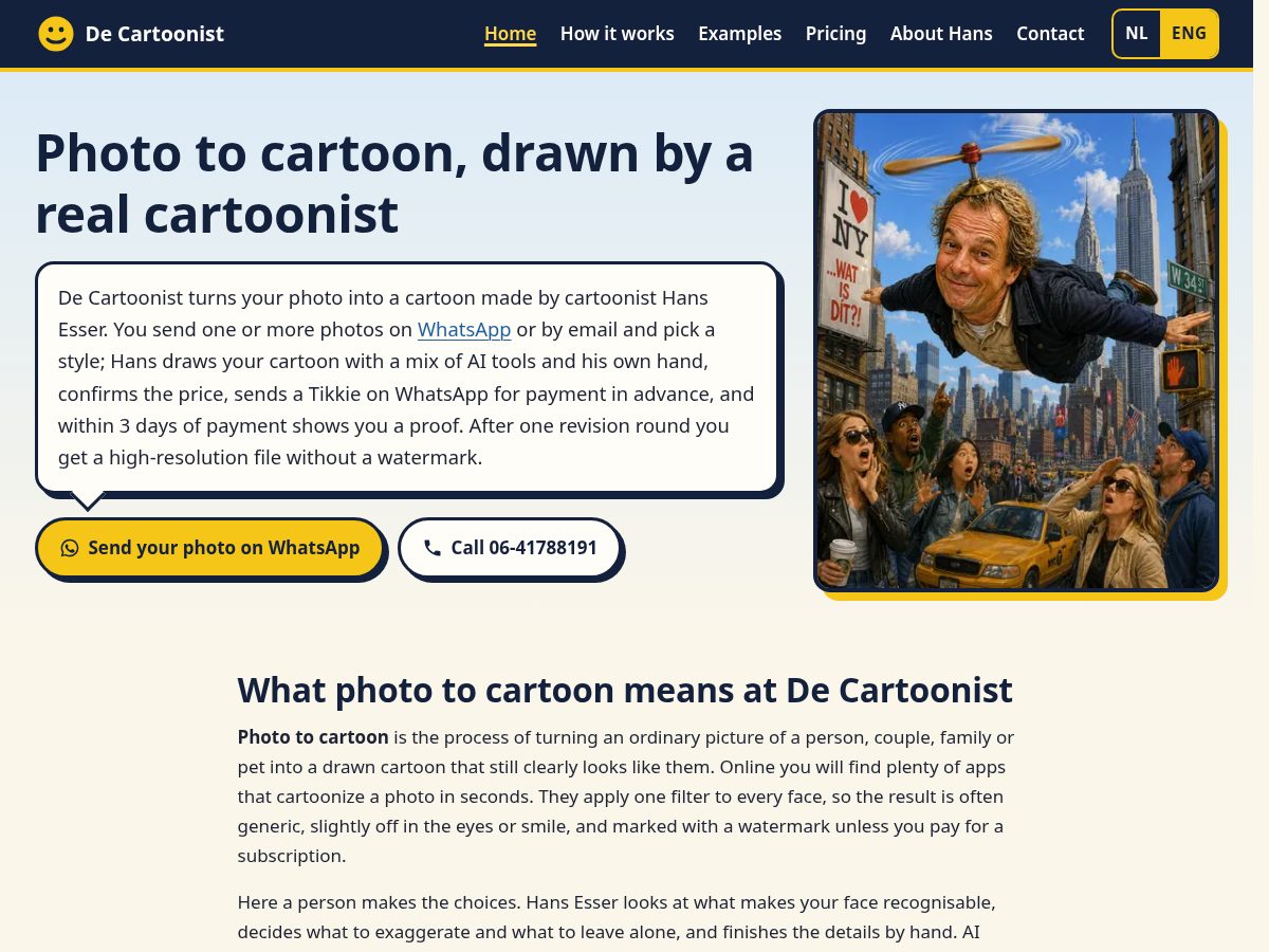 Landing-page snapshot of decartoonist.com