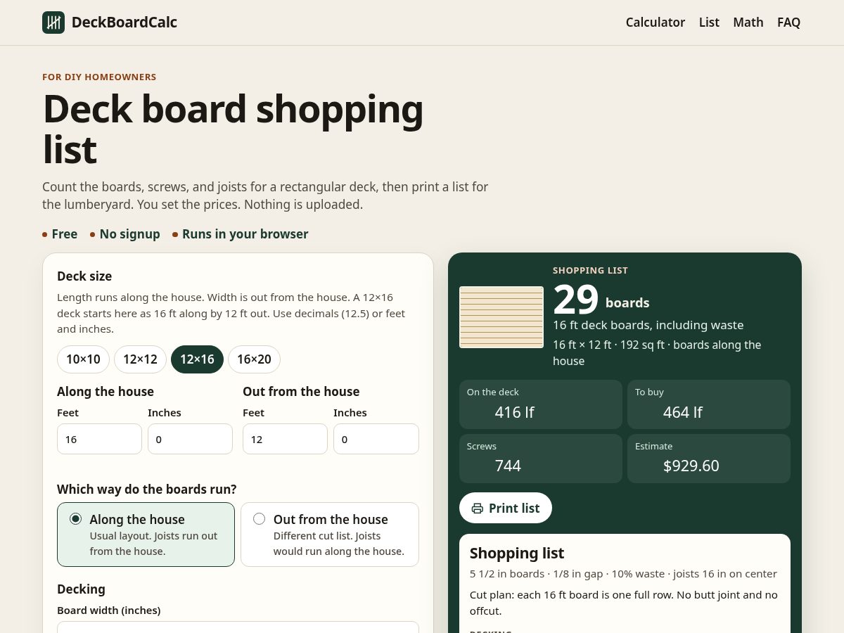 Landing-page snapshot of deckboardcalc.com