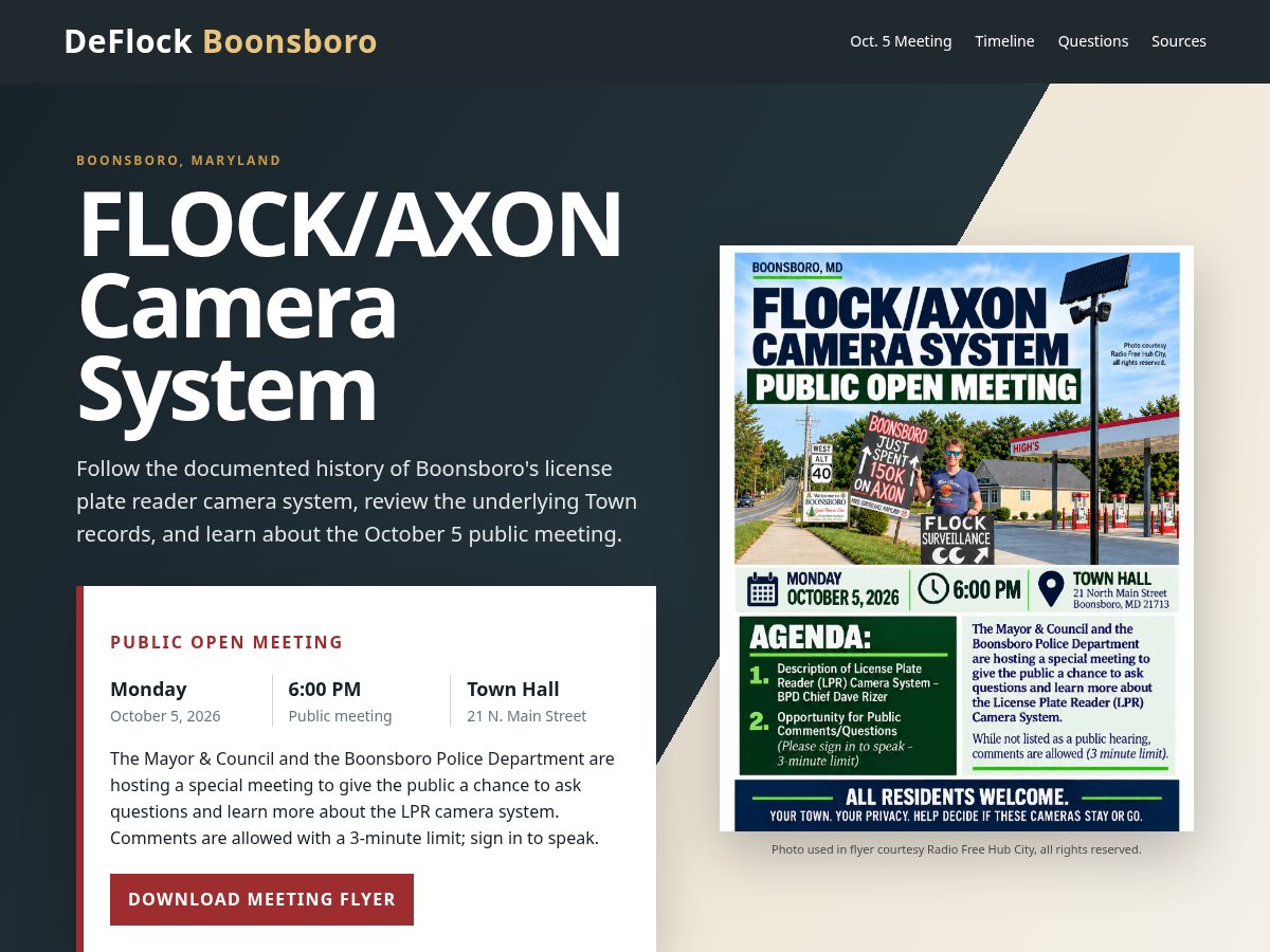 Landing-page snapshot of deflockboonsboro.com
