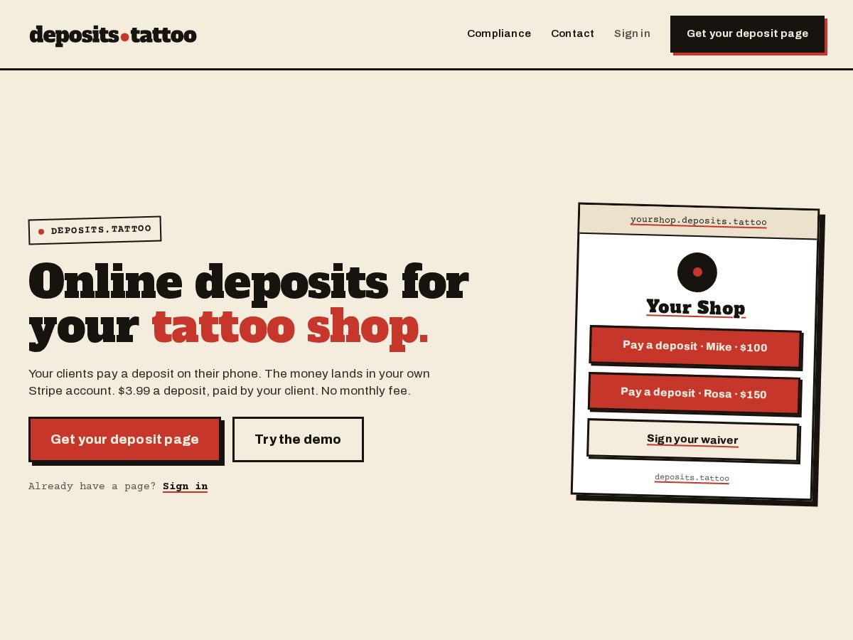 Landing-page snapshot of deposit.tattoo