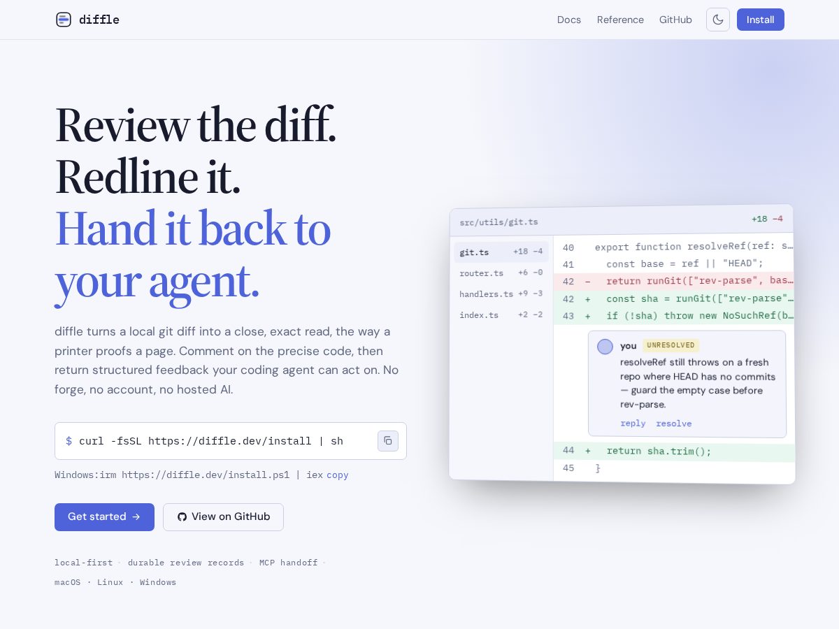 Landing-page snapshot of diffle.dev