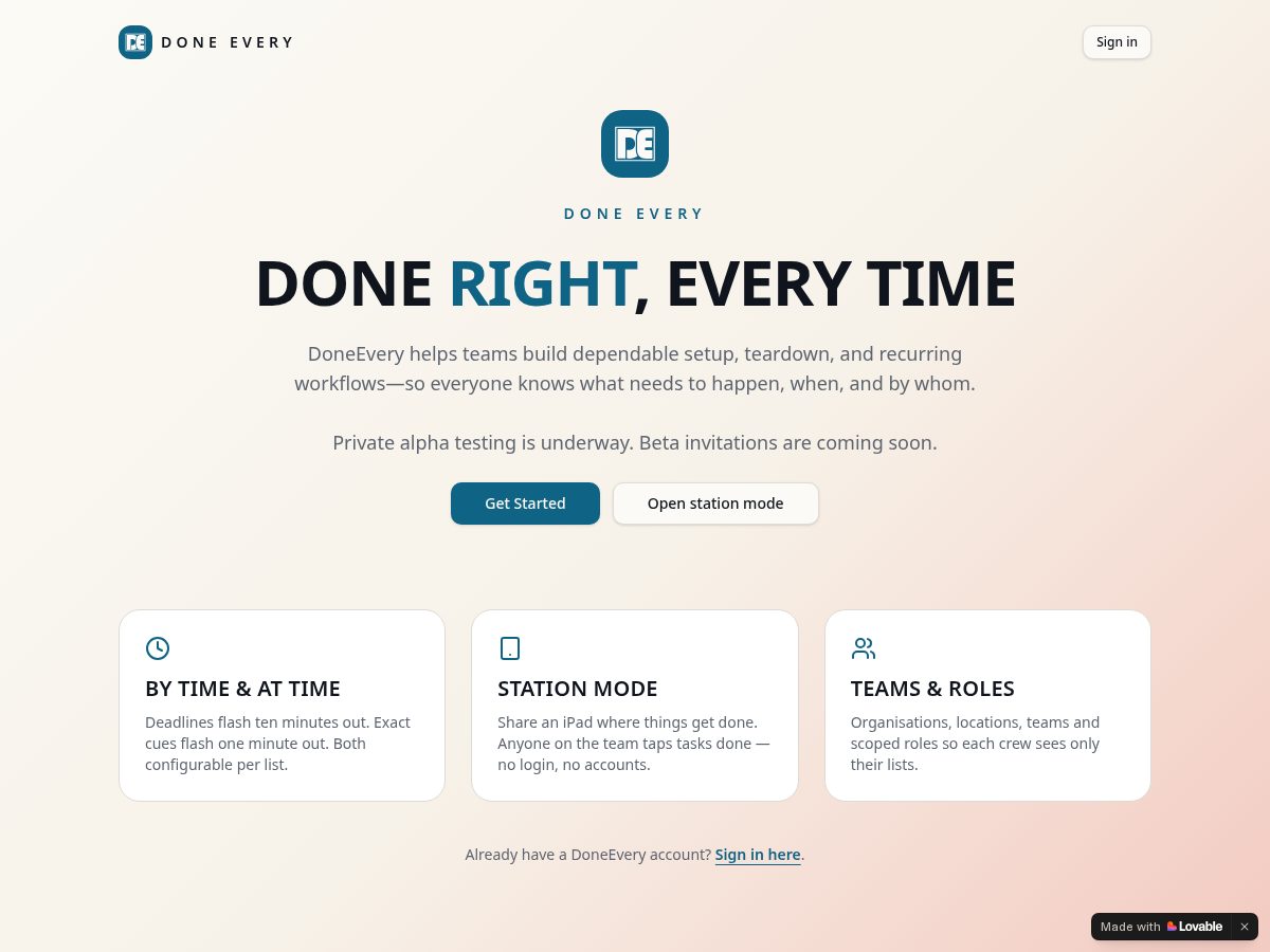 Landing-page snapshot of doneevery.app