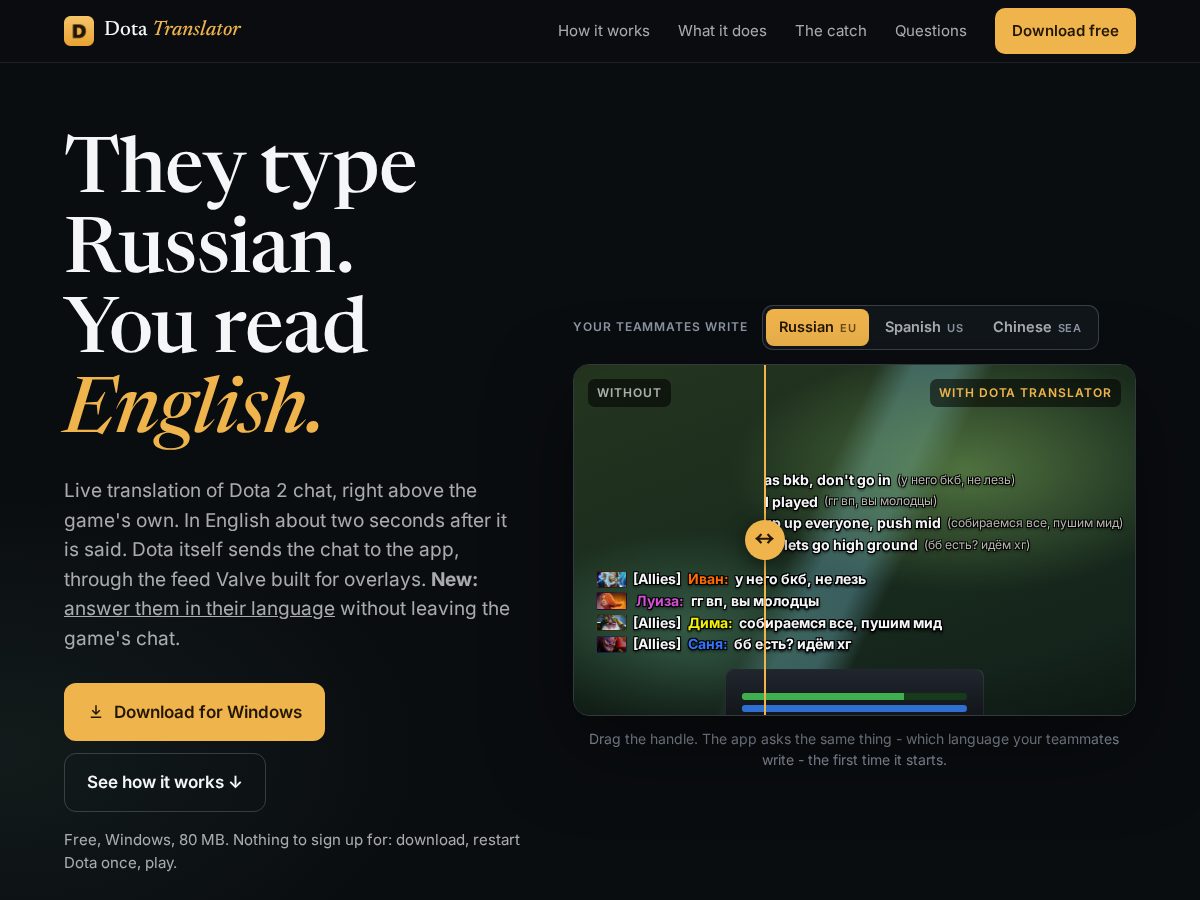 Landing-page snapshot of dotatranslator.live