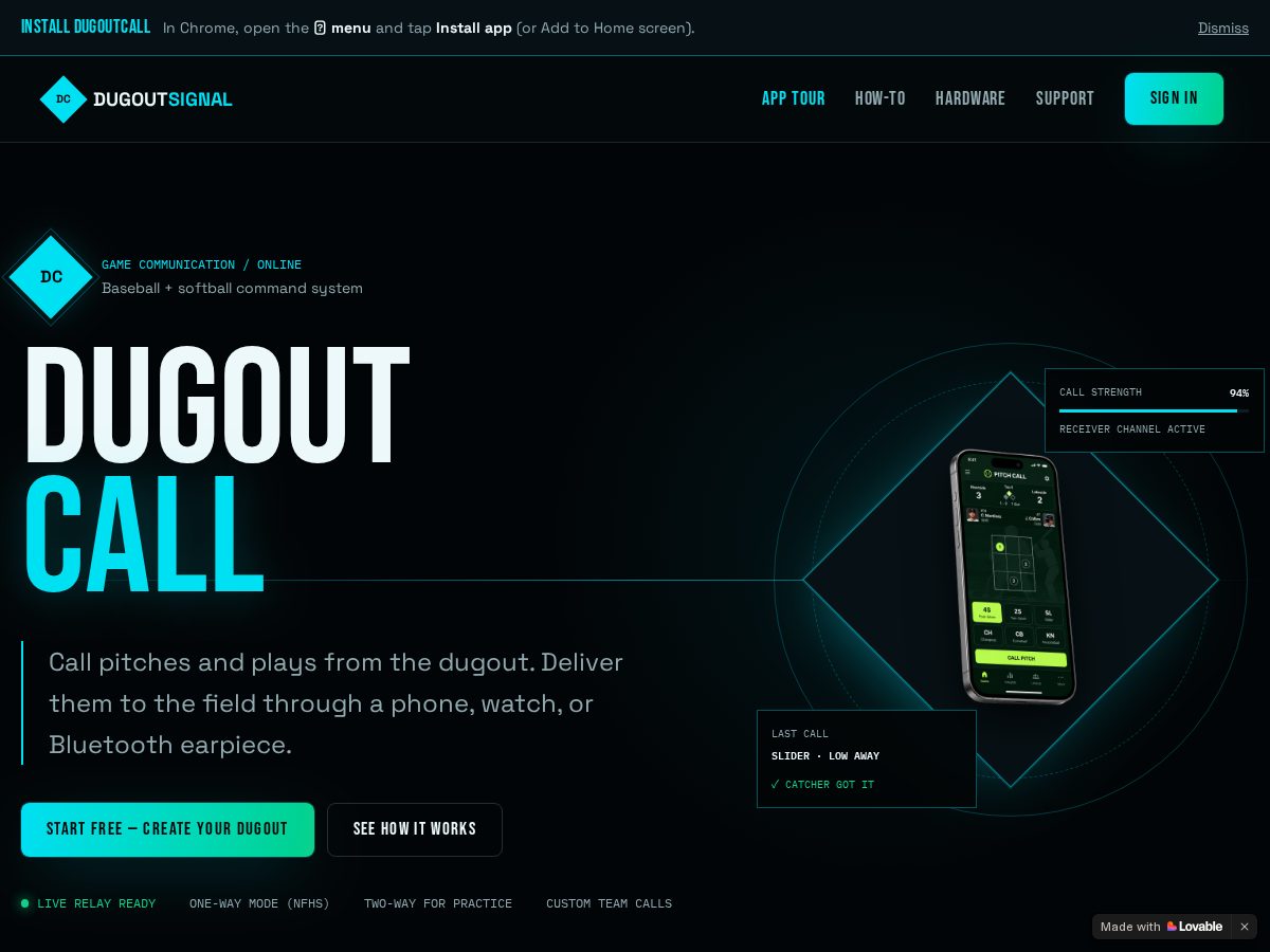 Landing-page snapshot of dugoutcall.com