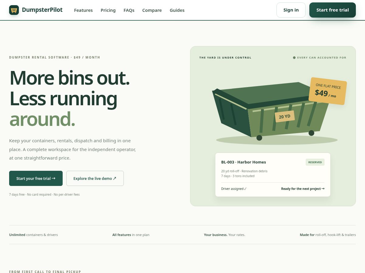 Landing-page snapshot of dumpsterpilot.com