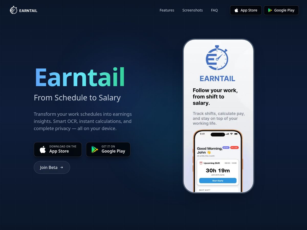 Landing-page snapshot of earntail.com