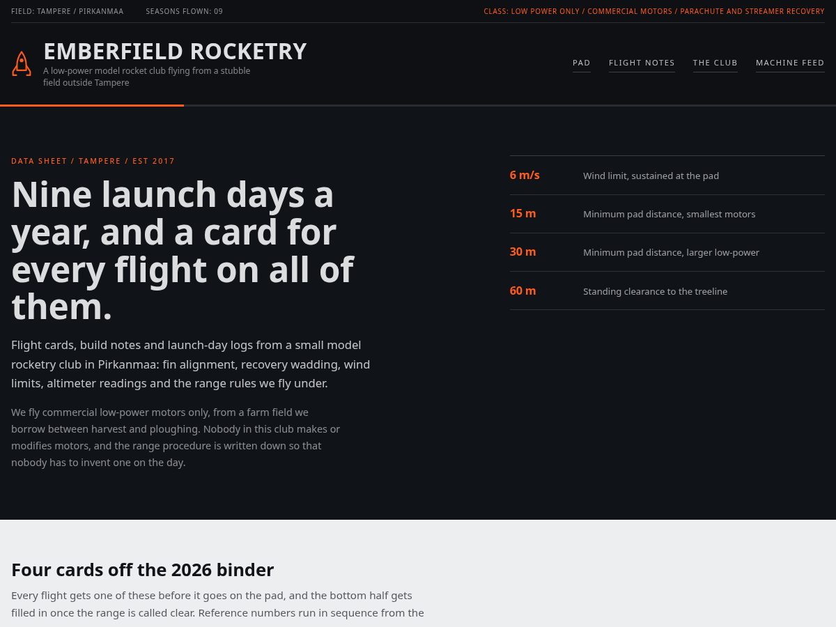 Landing-page snapshot of emberfieldrockets.com