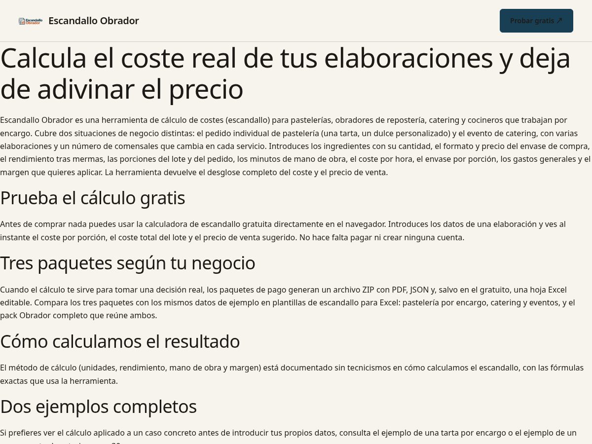 Landing-page snapshot of escandalloobrador.com