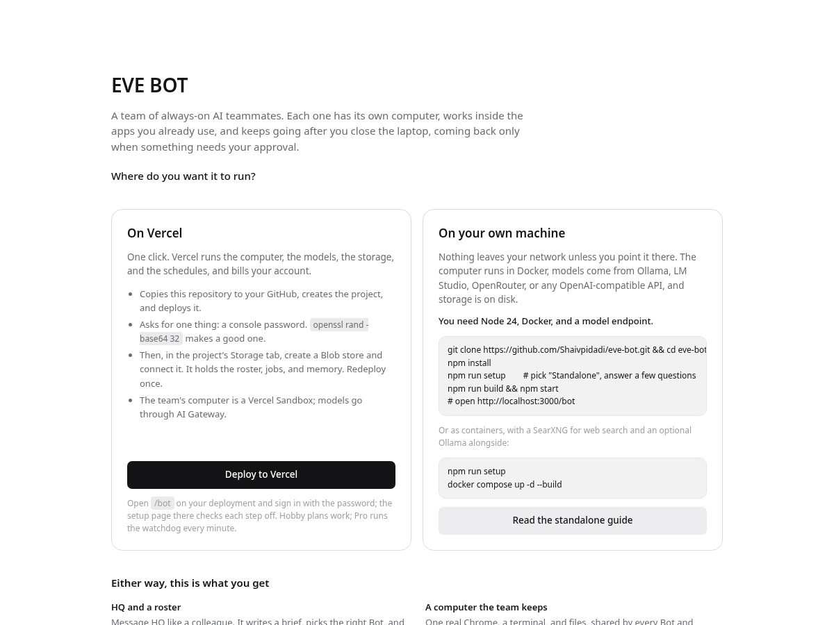 Landing-page snapshot of eve-bot.dev