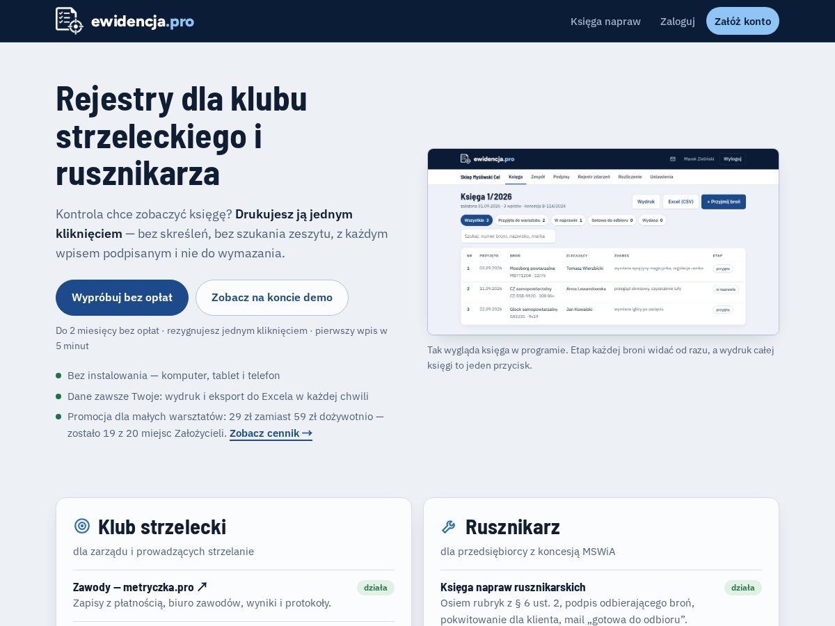 Landing-page snapshot of ewidencja.pro