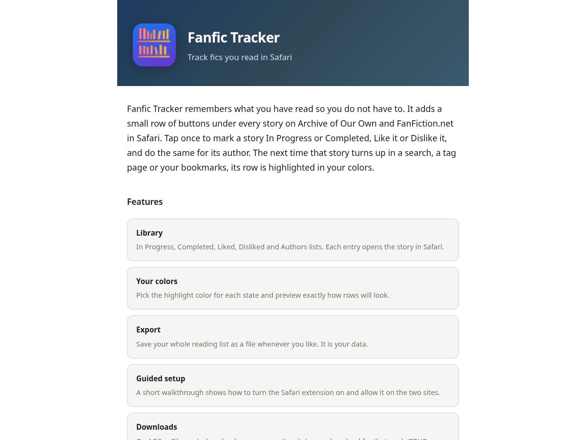 Landing-page snapshot of fanfictracker.app