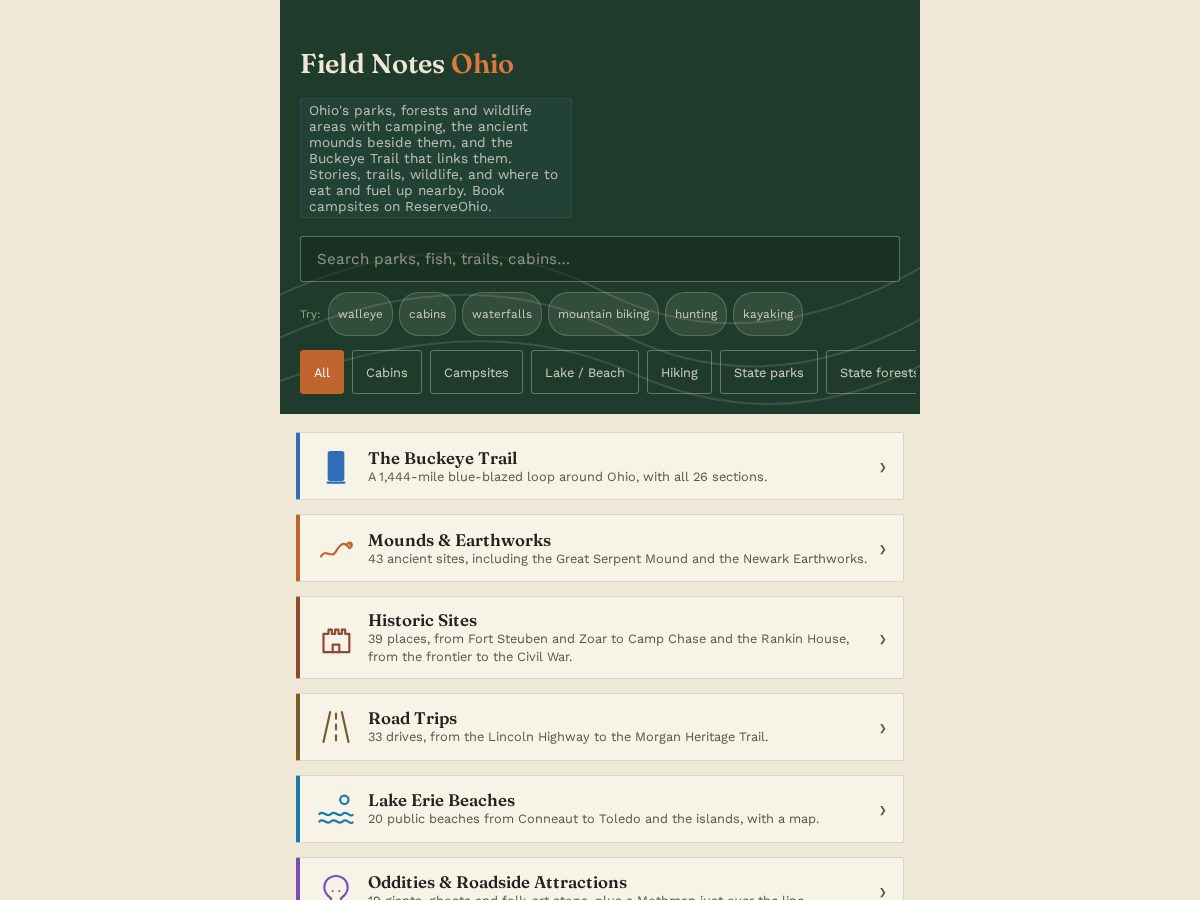 Landing-page snapshot of fieldnotesohio.com