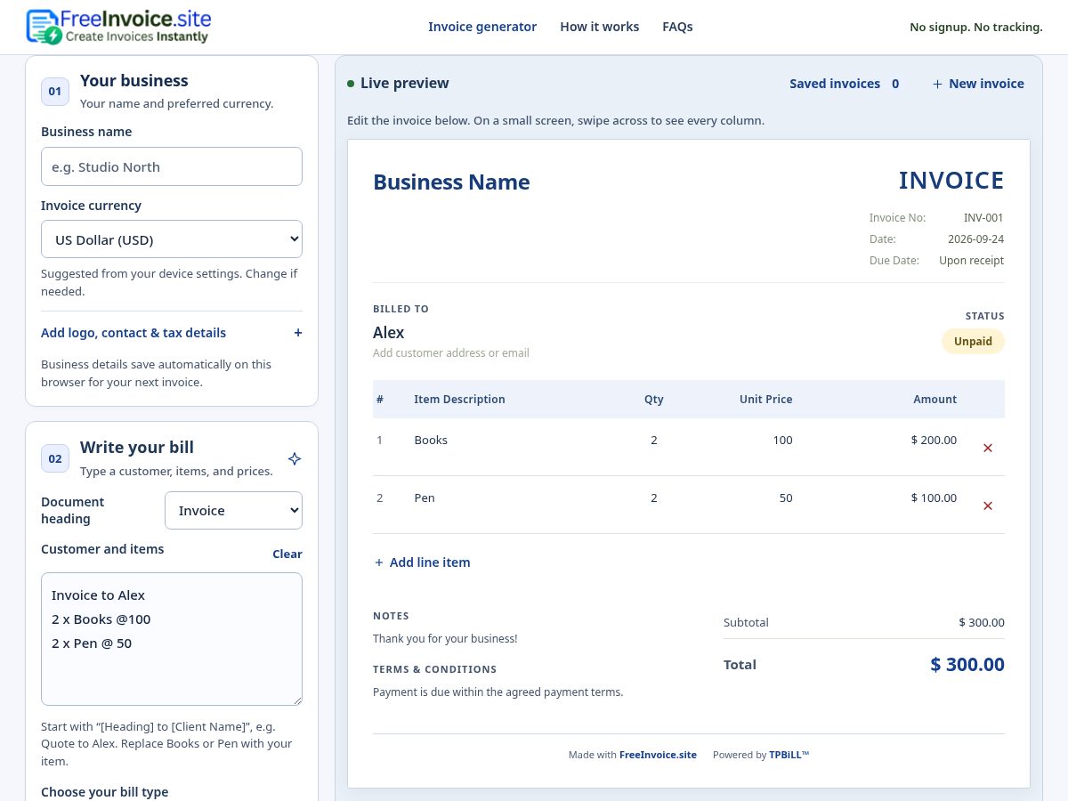 Landing-page snapshot of freeinvoice.site