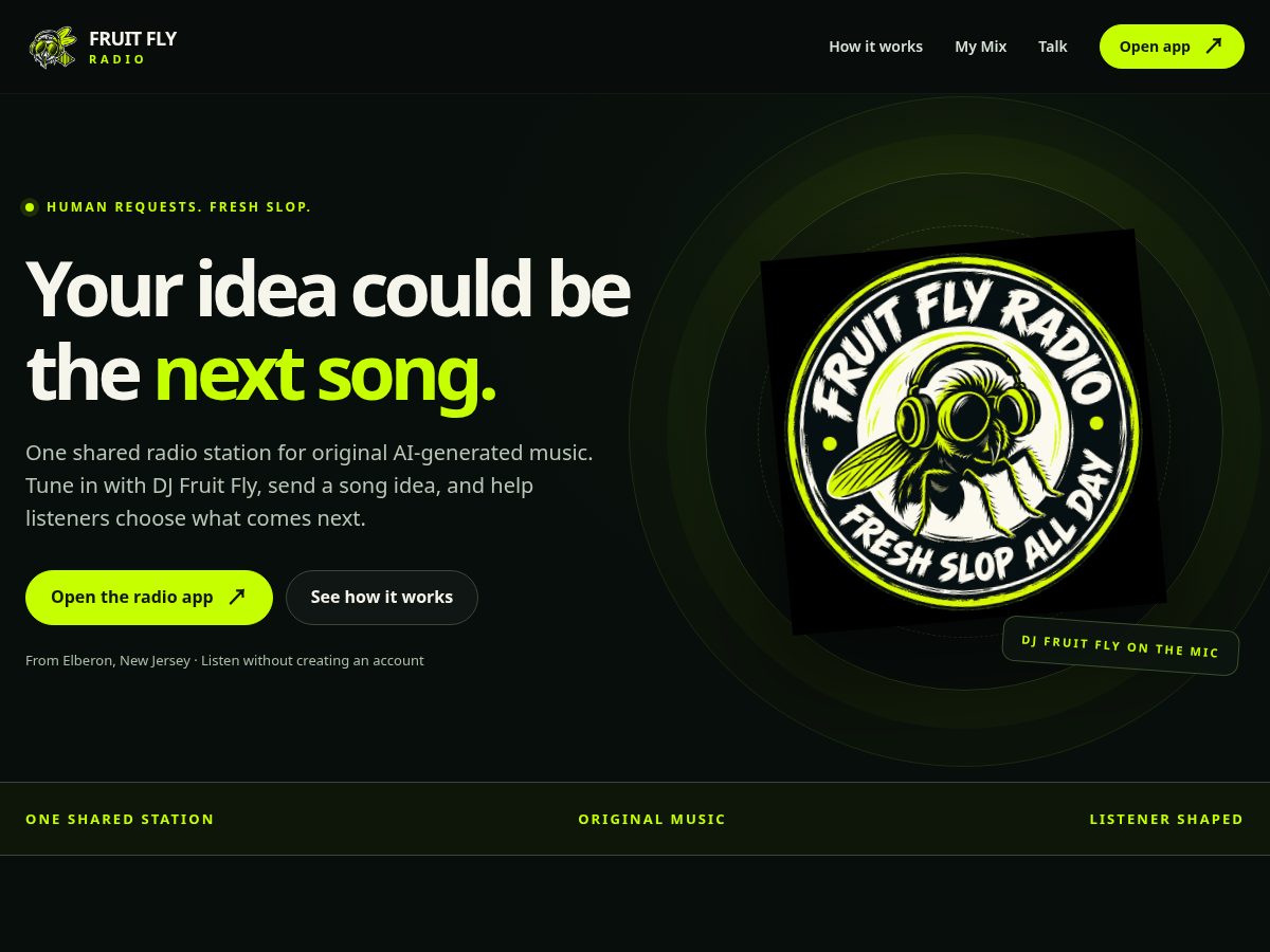 Landing-page snapshot of fruitflyradio.com