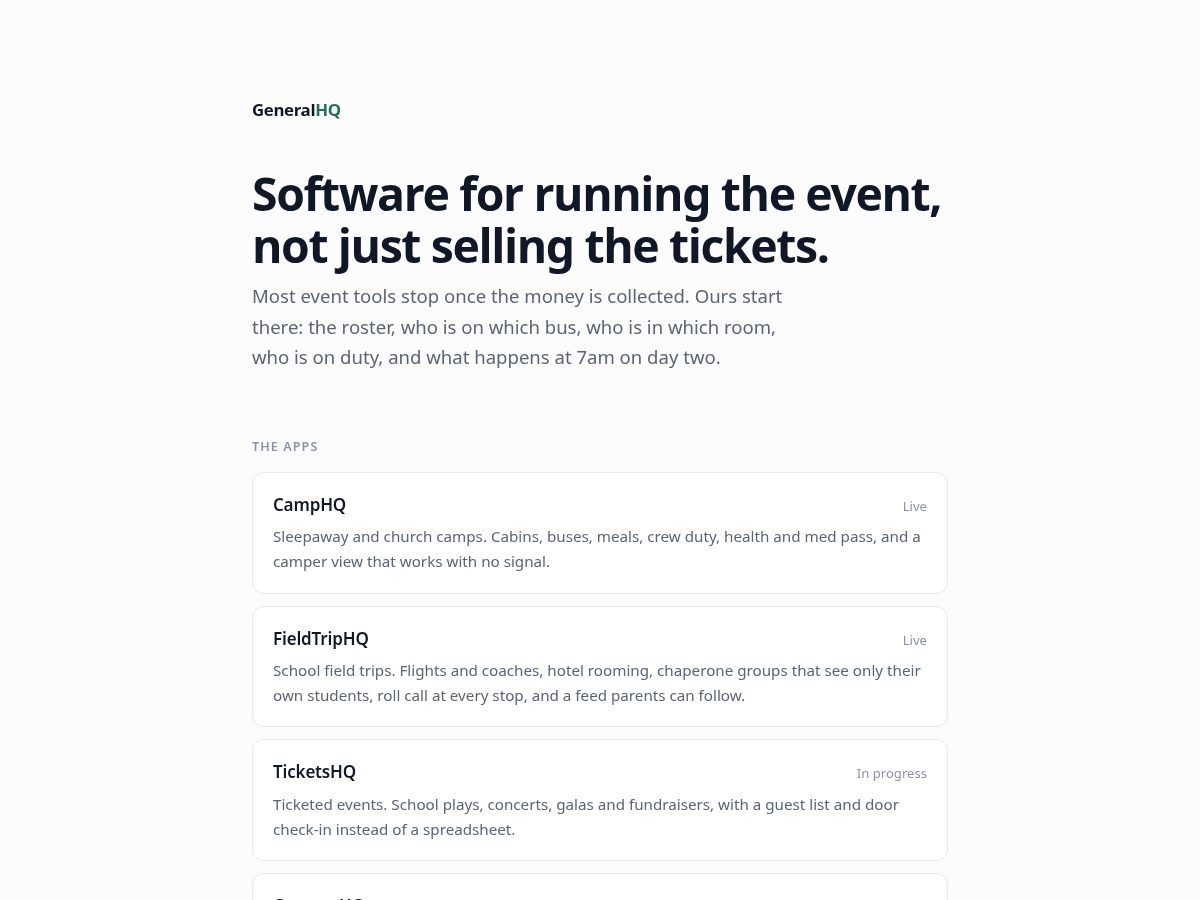Landing-page snapshot of generalhq.app