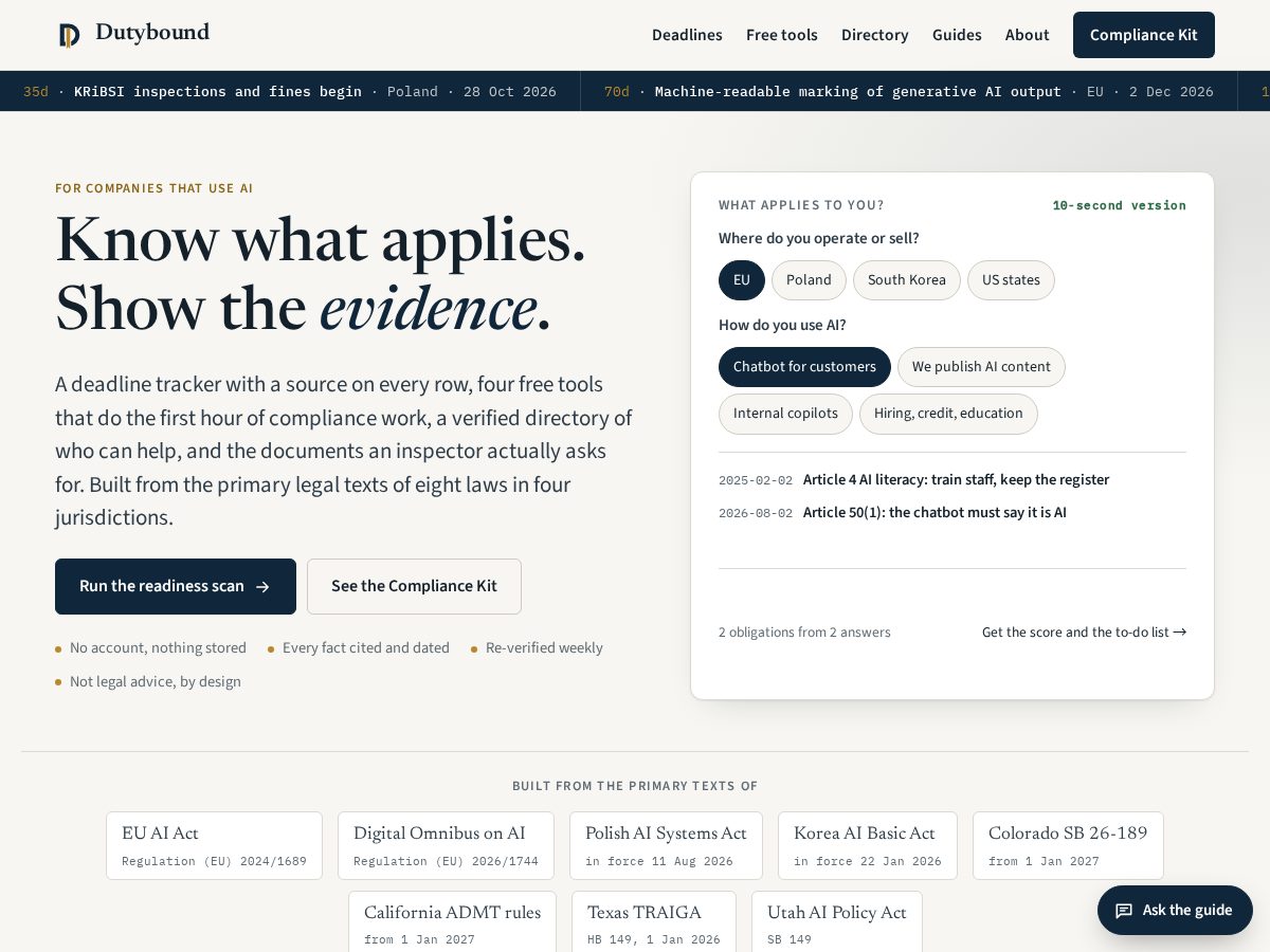 Landing-page snapshot of getdutybound.com