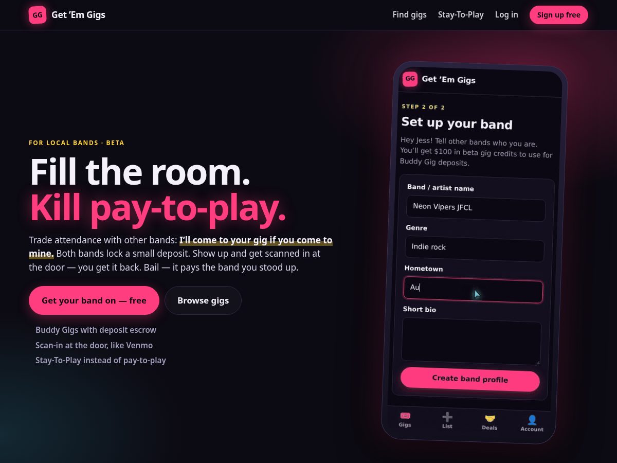 Landing-page snapshot of getemgigs.com